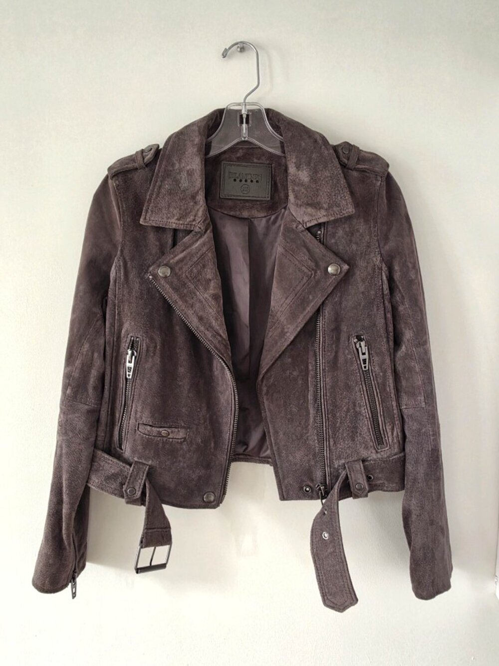 BLANKNYC Real Suede Leather Moto Jacket Belted Biker Style Lined Taupe Gray XS
